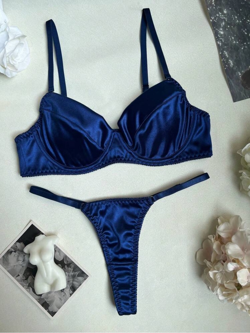 SHEIN Navy Satin Underwire Bra & Thong Set